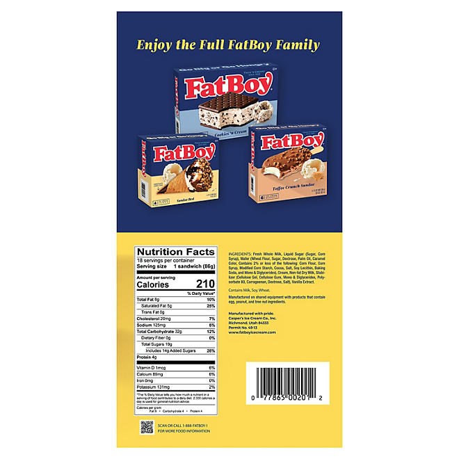 FatBoy Premium Vanilla Ice Cream Sandwich, Frozen (18 ct.)