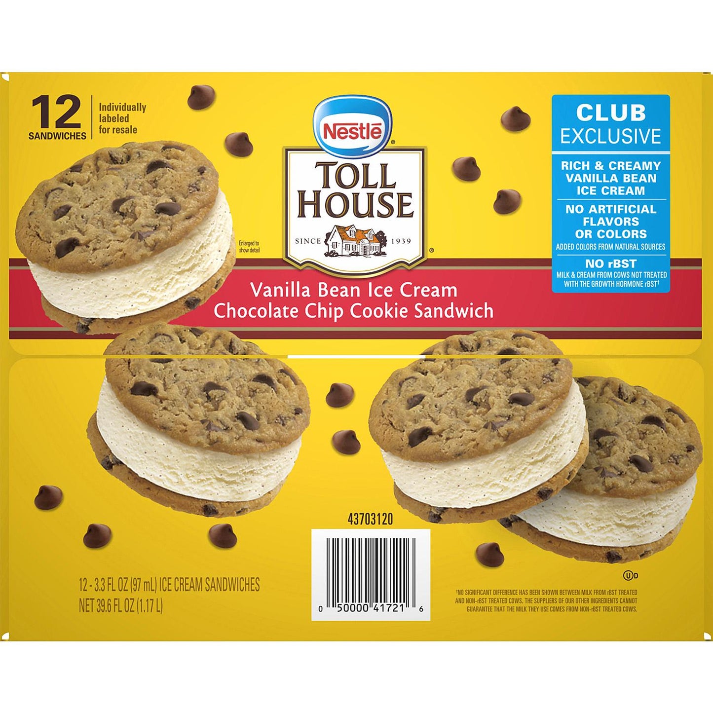Nestle Toll House Chocolate Chip Cookie Vanilla Bean Ice Cream Sandwiches (12 ct.)