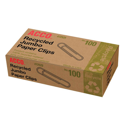 ACCO® Recycled Paper Clips, 90% Recycled, Smooth, Jumbo, 100/Box, 8 Pack