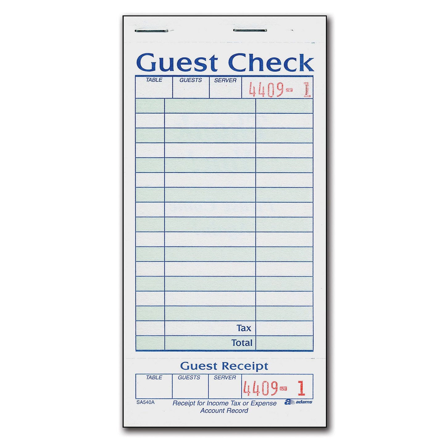 Adams 1-Part Guest Check with Stub - 50 Checks/book - 20 pk.
