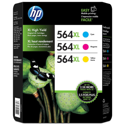 HP 564XL High Yield Original Ink Cartridge, Cyan/Magenta/Yellow (3 pk., 750 Page Yield)