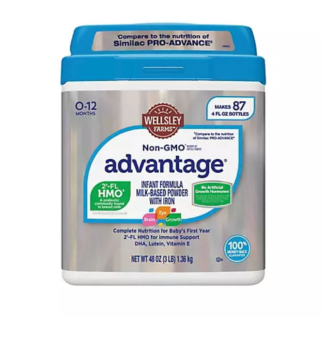 Wellsley Farms Non-GMO Advantage Infant Formula Milk- Based Powder with Iron, 3 lbs.