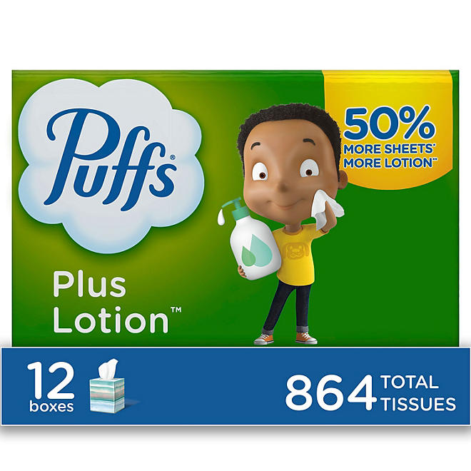 Puffs Plus Lotion 2-Ply Facial Tissues, Cube Boxes (72 tissues/box, 12 boxes)