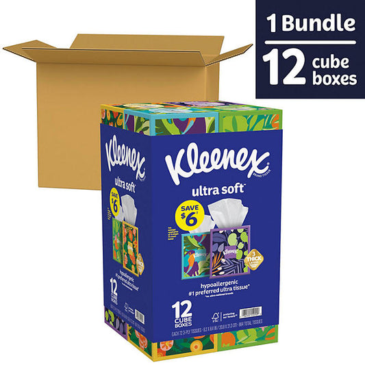 Kleenex Ultra Soft Hypoallergenic 3-Ply Facial Tissues 12 Cube Boxes, 72 tissues/box