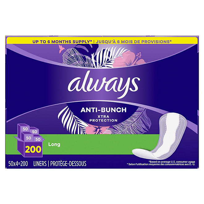 Always Anti-Bunch Xtra Protection Daily Liners, Long, Unscented (200 ct.)