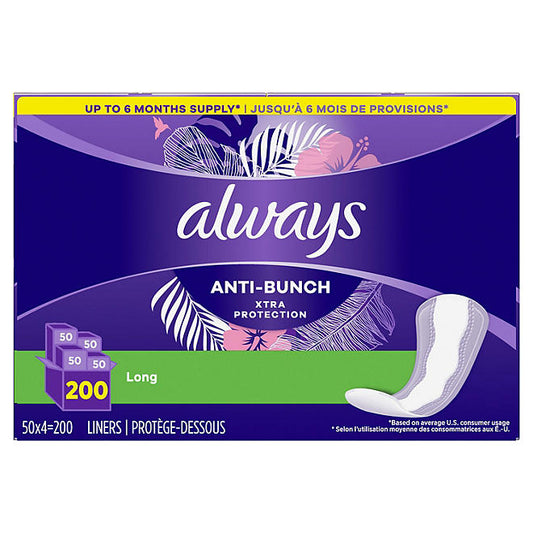 Always Anti-Bunch Xtra Protection Daily Liners, Long, Unscented (200 ct.)