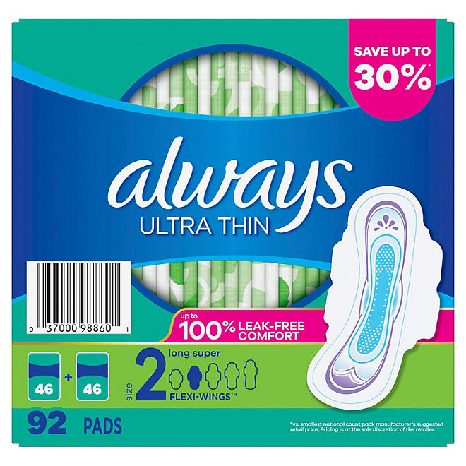 Always Ultra Thin Long Super Pads, Unscented - Size 2 (88 ct.)