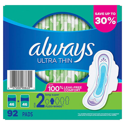 Always Ultra Thin Long Super Pads, Unscented - Size 2 (88 ct.)