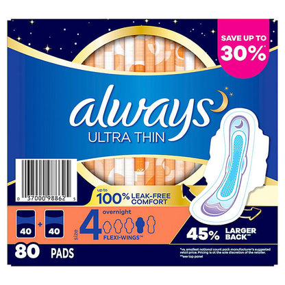 Always Ultra Thin Overnight Pads with Flexi-Wings, Unscented - Size 4 (80 ct.)