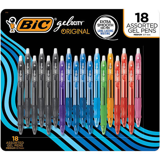 BIC Gel-ocity Retractable Gel Pen, Medium Point (0.7mm), Various, 18 Ct