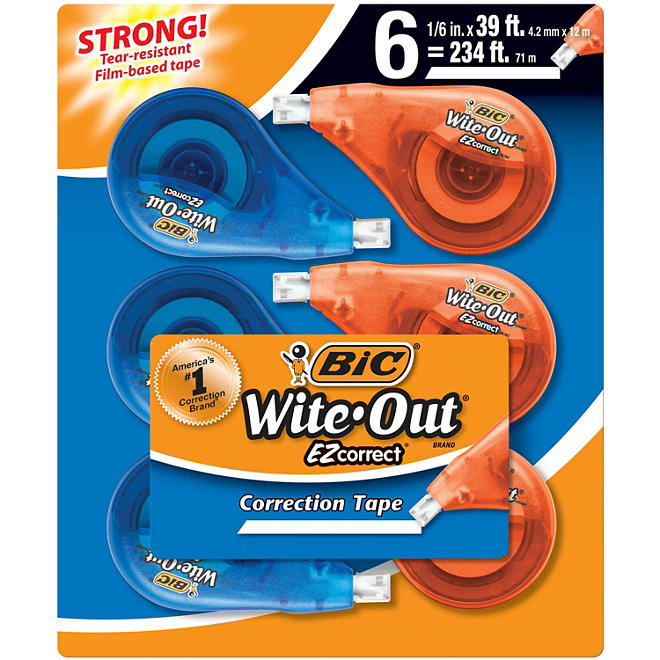 BIC Wite-Out Brand EZ Correct Correction Tape, White, 6 Count (Colors may vary)