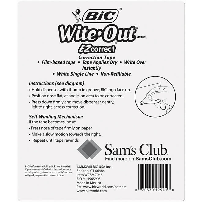 BIC Wite-Out Brand EZ Correct Correction Tape, White, 6 Count (Colors may vary)