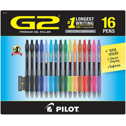 Pilot G2 Retractable Gel Pens, Fine (0.7mm), Assorted, 16 Pack