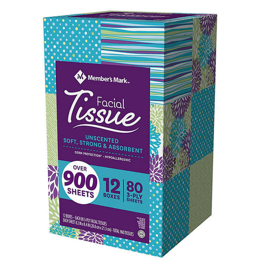 Member's Mark Ultra Soft 3-Ply Facial Tissues, Cube Boxes (80 tissues/box, 12 boxes)