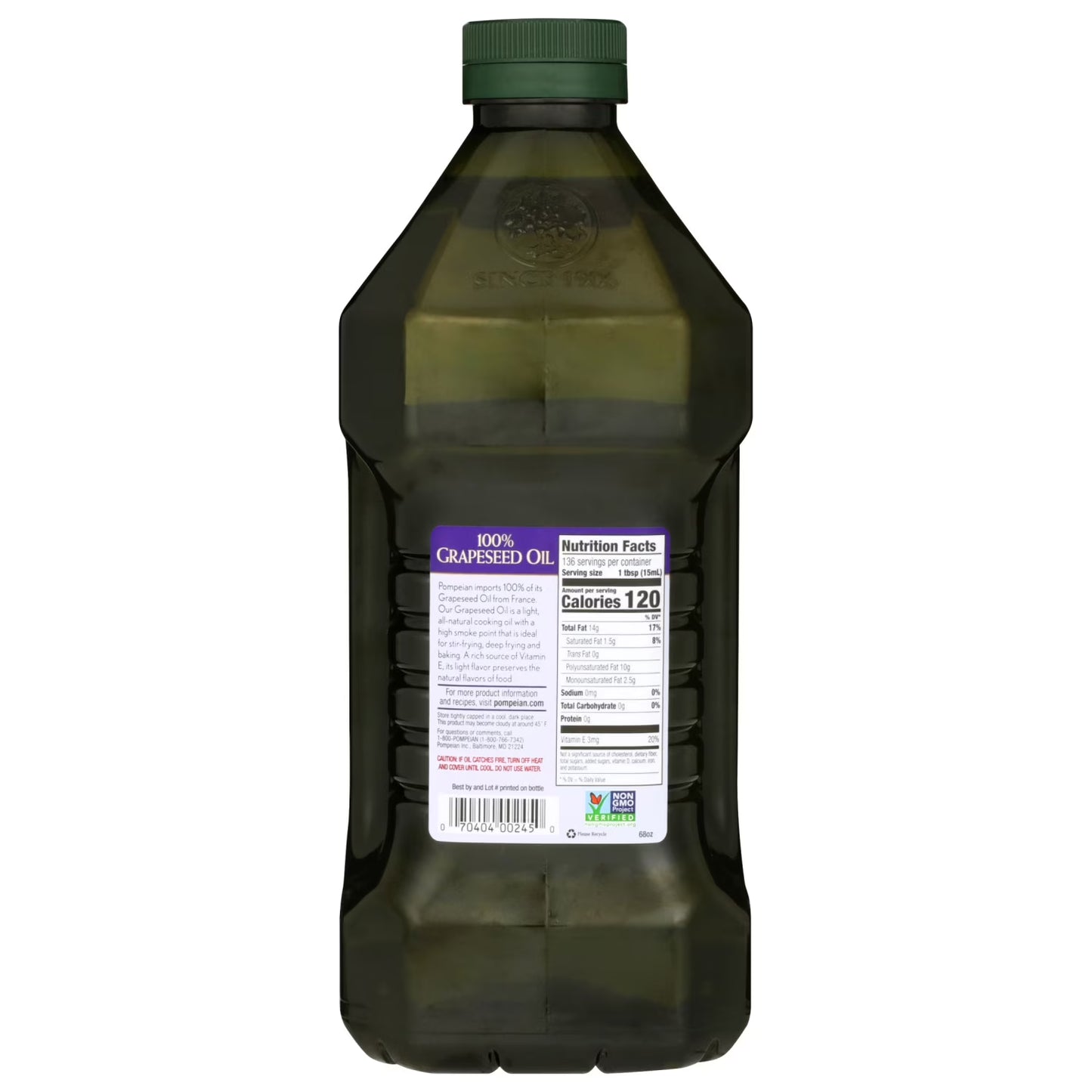 Pompeian 100% Grapeseed Oil For High-Heat Cooking, 68 fl. oz.