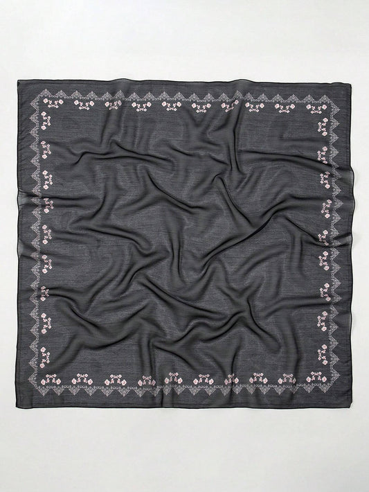 SOFT TWILL SOLID AND FLORAL BORDER PRINT SCARF