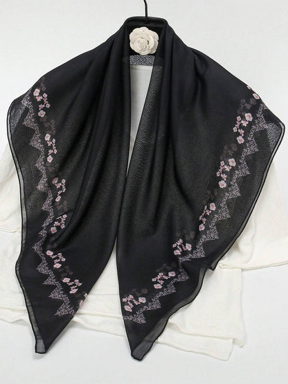 SOFT TWILL SOLID AND FLORAL BORDER PRINT SCARF