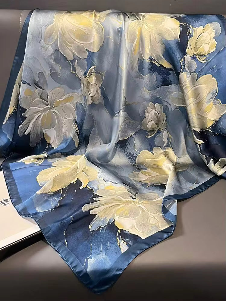 LIGHTWEIGHT FLORAL BLUE SATIN SCARF