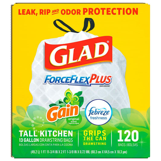 Glad® Tall Kitchen Drawstring Trash Bags – ForceFlexPlus™ 13 Gallon White Trash Bag, Gain Original with Febreze Freshness – 150 Count