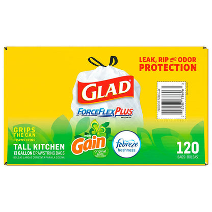 Glad® Tall Kitchen Drawstring Trash Bags – ForceFlexPlus™ 13 Gallon White Trash Bag, Gain Original with Febreze Freshness – 150 Count