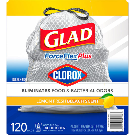 Glad ForceFlex Plus Tall Kitchen Trash Bags With Clorox, Lemon Fresh Bleach Scent (13 gal., 120 ct.)