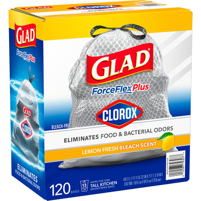 Glad ForceFlex Plus Tall Kitchen Trash Bags With Clorox, Lemon Fresh Bleach Scent (13 gal., 120 ct.)