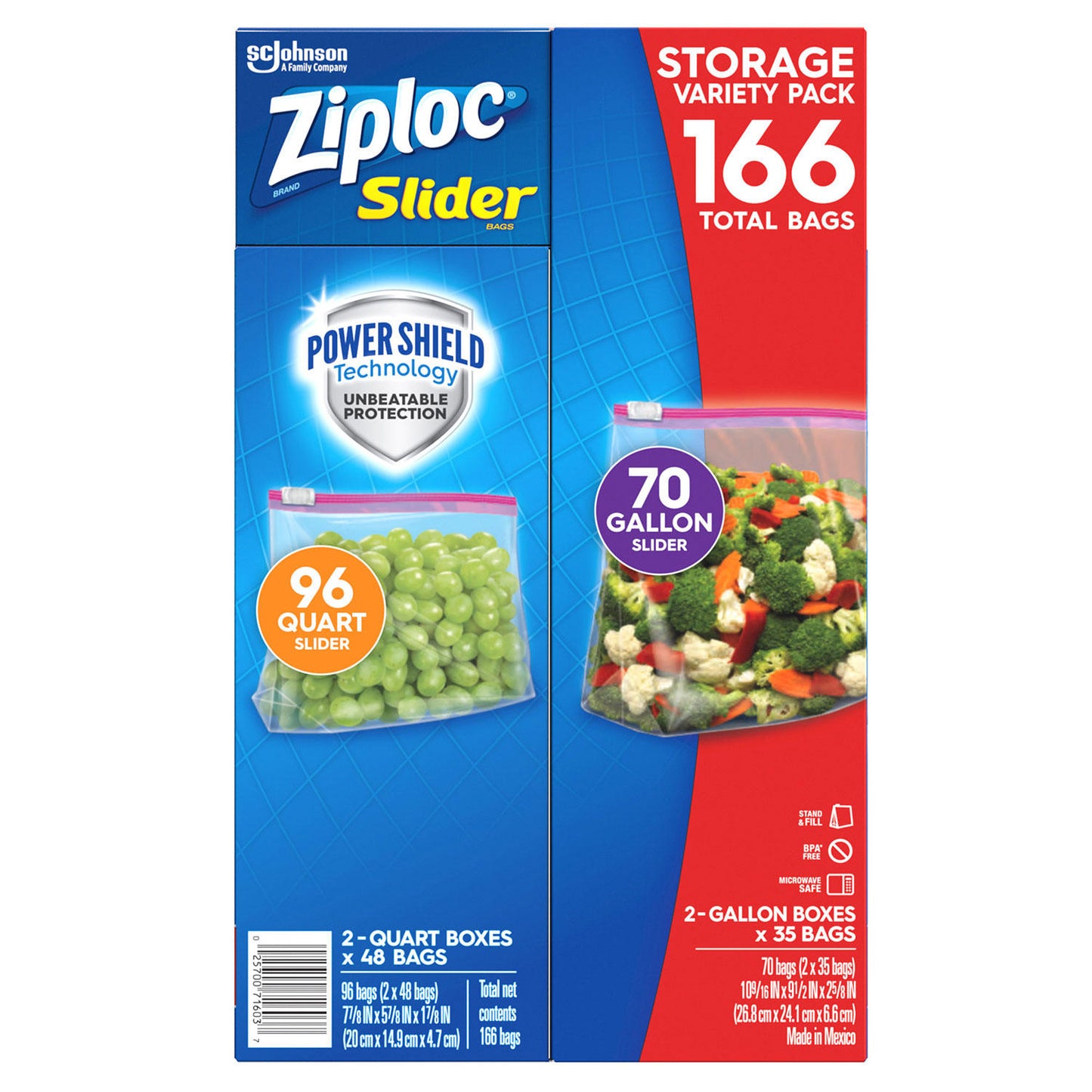 Ziploc Slider Storage Bags 166 Count Variety Pack: Quart 96 ct Gallon 70 ct