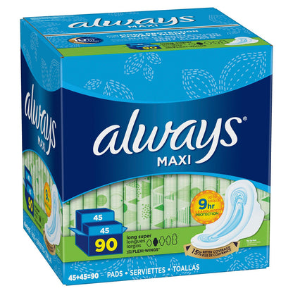 Always Maxi Long Super Pads with Wings (90 ct.)
