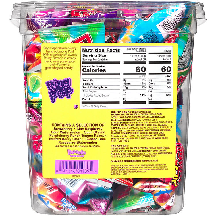 Ring Pop Assorted Flavors Lollipops Candy Tub Bulk Variety Pack (0.5 oz., 44 ct.)