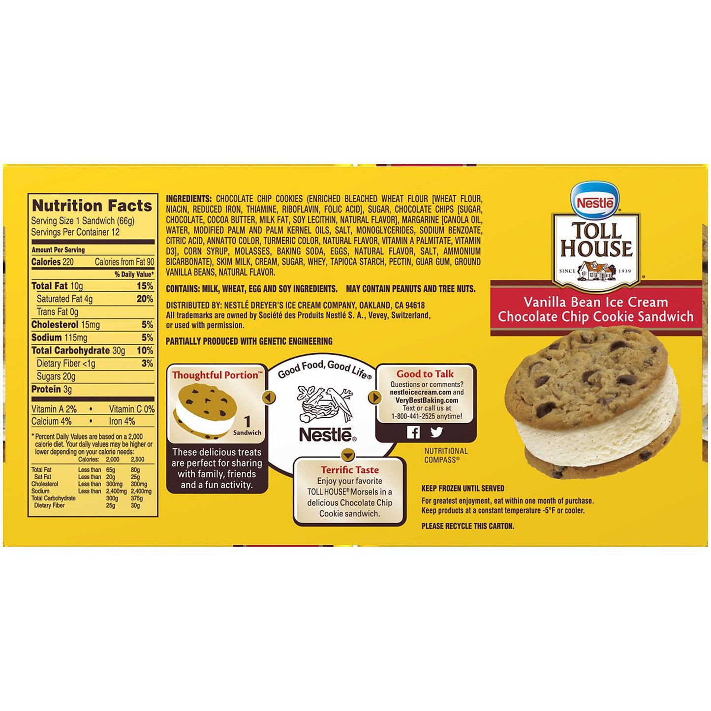 Nestle Toll House Chocolate Chip Cookie Vanilla Bean Ice Cream Sandwiches (12 ct.)