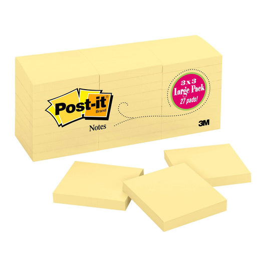 Post-it Original Notes, 3" x 3", Canary Yellow, 27 Pads, 2700 Total Sheets