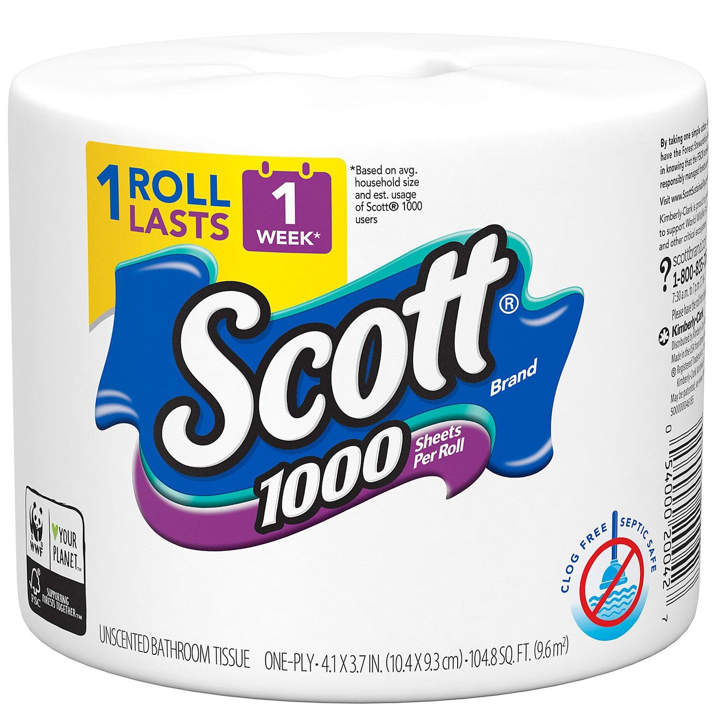 Scott 1100 Unscented Bath Tissue Bonus Pack, 1-ply (36 Rolls = 1100 Sheets Per Roll)- Individually Wrapped Toilet Paper