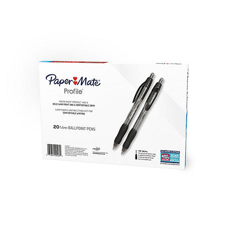 Paper Mate Ballpoint Pen, Profile Retractable Pen, Bold Point (1.4mm), Black, 20 Count