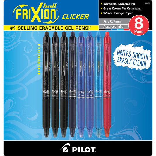 Pilot FriXion Clicker Fine Point Retractable Erasable Gel Ink Pens, Assorted Colors, 8 Pack