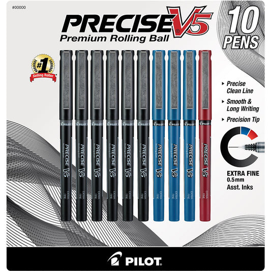 Pilot Precise V5 Extra Fine Point Premium Rolling Ball Pen, Assorted Colors, 10 Pack