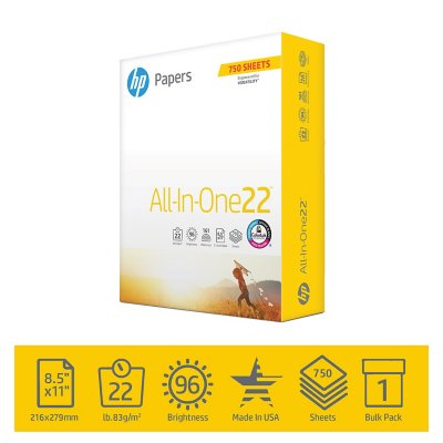 HP All-in-One 22 Copy Paper, 8.5x11, 96 Bright, 750 Mega Ream