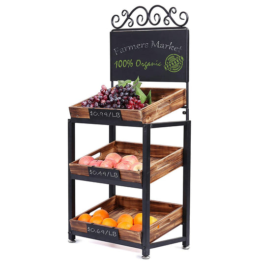 MyGift 3-Tier Vintage Metal & Wood Produce Stand with Chalkboard Signs