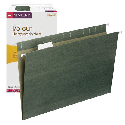 Smead 1/5 Cut Adjustable Positions Hanging File Folders, Legal, Standard Green, 50ct.