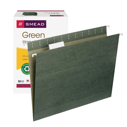 Smead 1/5 Cut Ajustable Positions Hanging File Folders, Letter, Standard Green, 50ct.