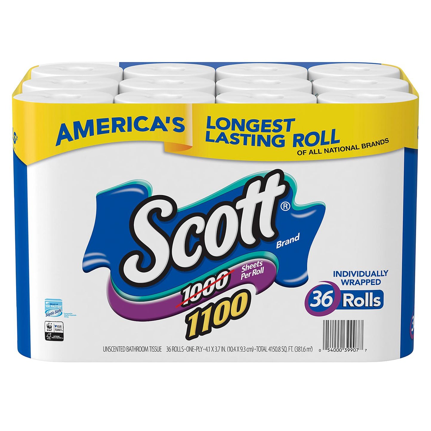 Scott 1100 Unscented Bath Tissue Bonus Pack, 1-ply (36 Rolls = 1100 Sheets Per Roll)- Individually Wrapped Toilet Paper