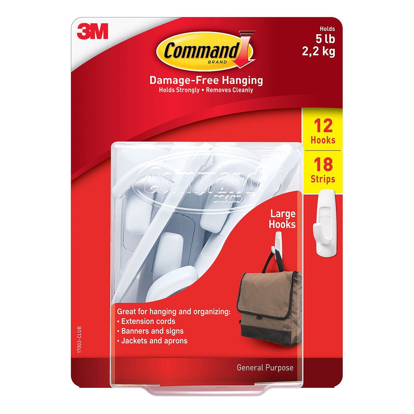 3M Command Large Utility Hooks, White, 12 Hooks, 18 Adhesive Strips