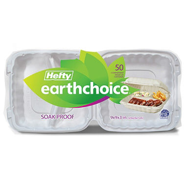 Hefty Earthchoice 3-Compartment Hinged Lid Containers, 9" (50 ct.)