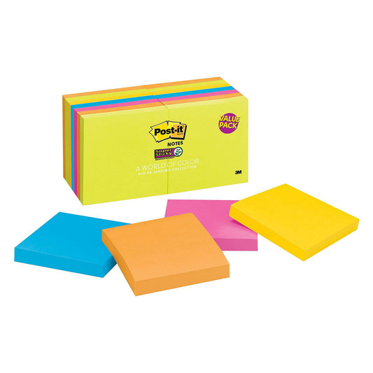 Post-it Notes Super Sticky, 3" x 3", Rio De Janeiro Color Collection, 14 Pads, 1,260 Total Sheets