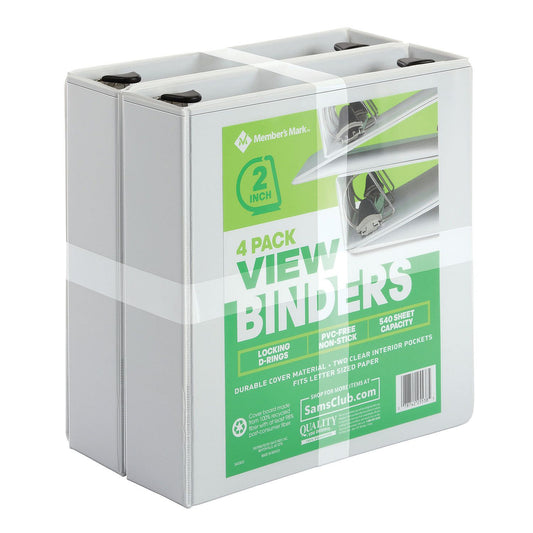 View Binder, D Ring, White, 2", 4 Pack