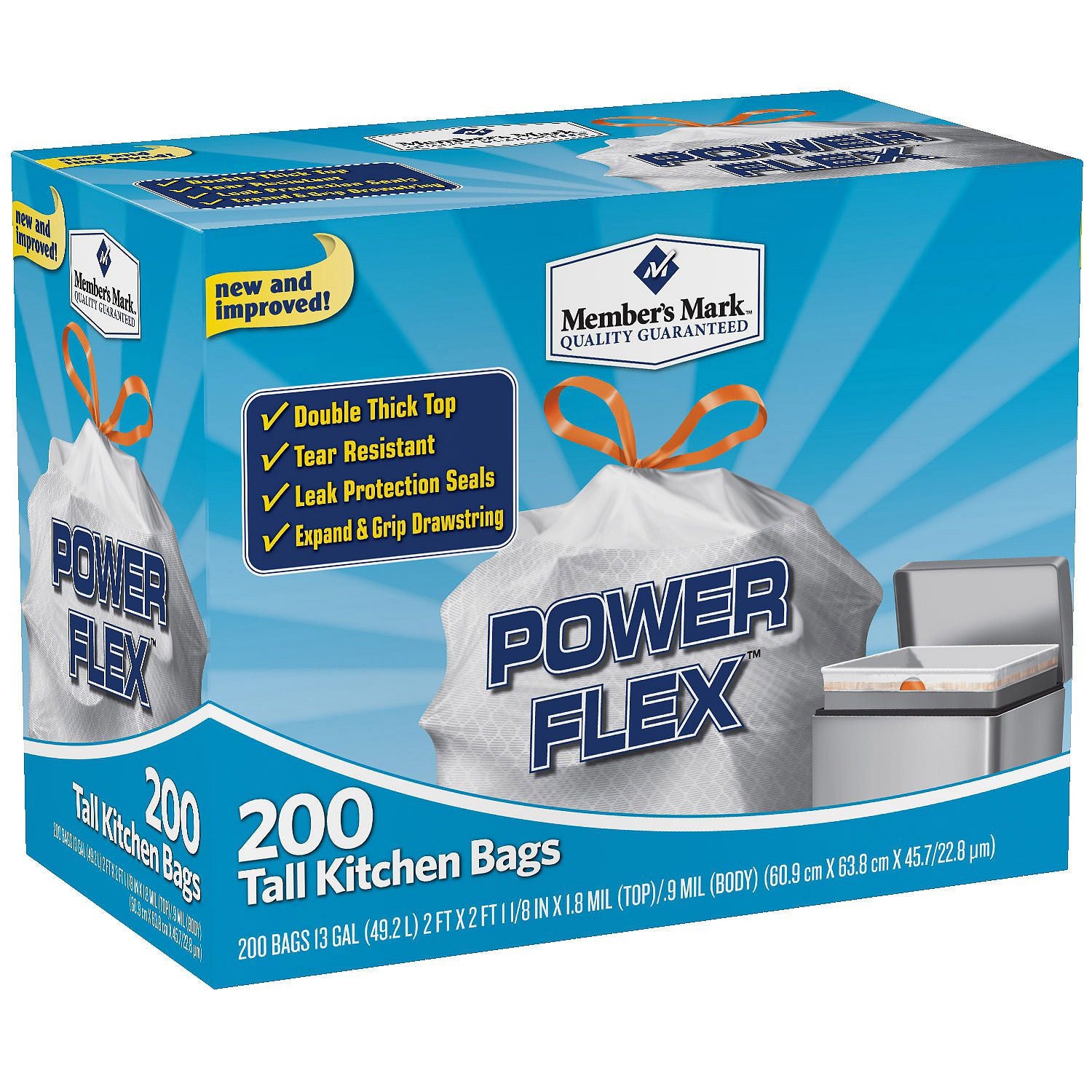 Power Flex Tall Kitchen Drawstring Trash Bags (13 Gallon, 2 Rolls of 100 Ct., 200 Count Total), Size: 2XL