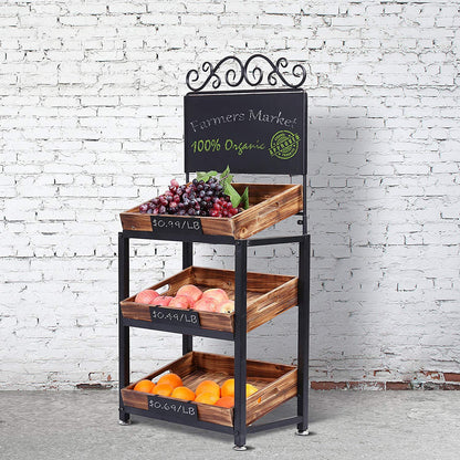 MyGift 3-Tier Vintage Metal & Wood Produce Stand with Chalkboard Signs