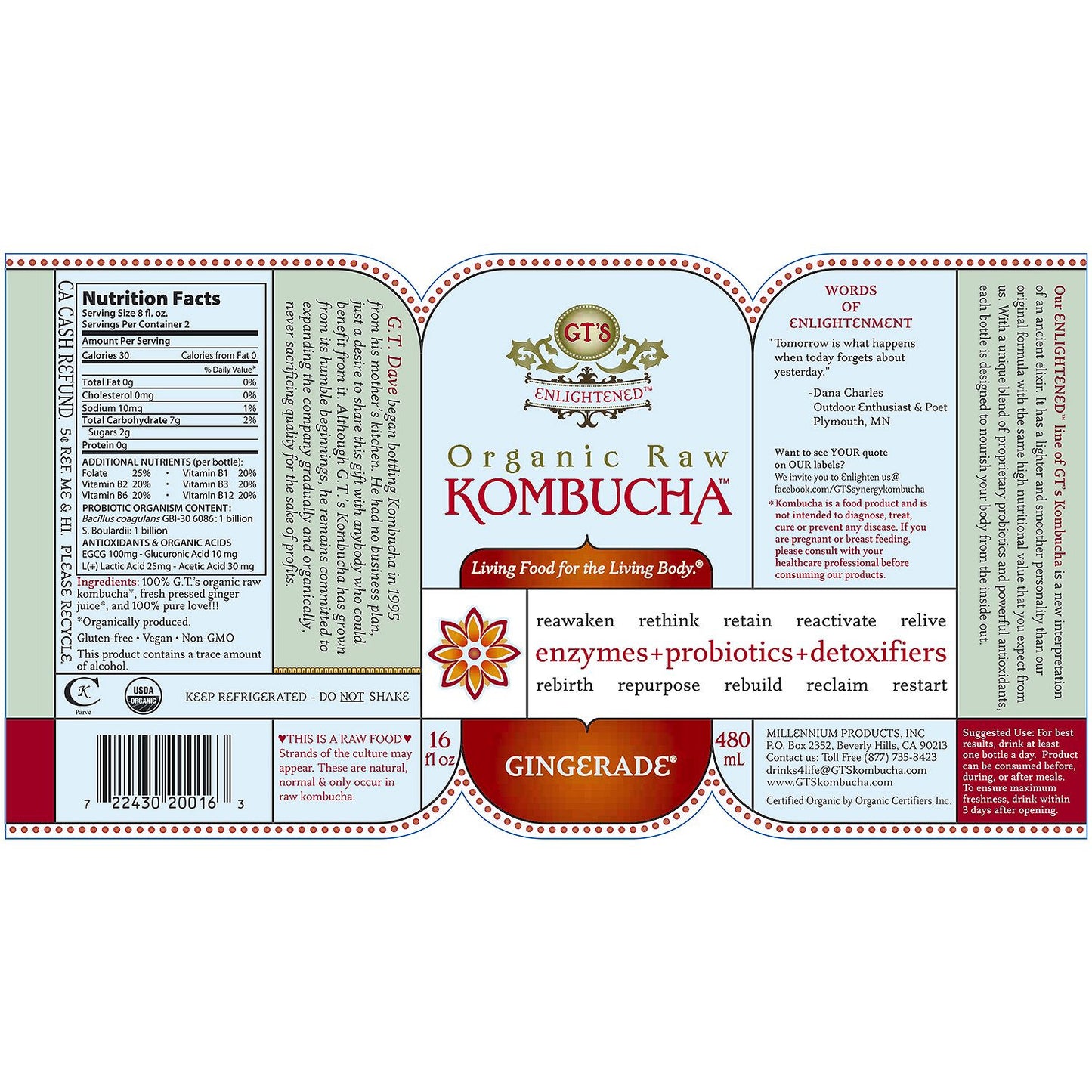 GT'S Organic Raw Kombucha Gingerade (16 oz. bottle, 6 pk.)