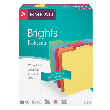 Smead 1/3 Cut Assorted Position Tab File Folders, Letter, Assorted Colors, 100ct.