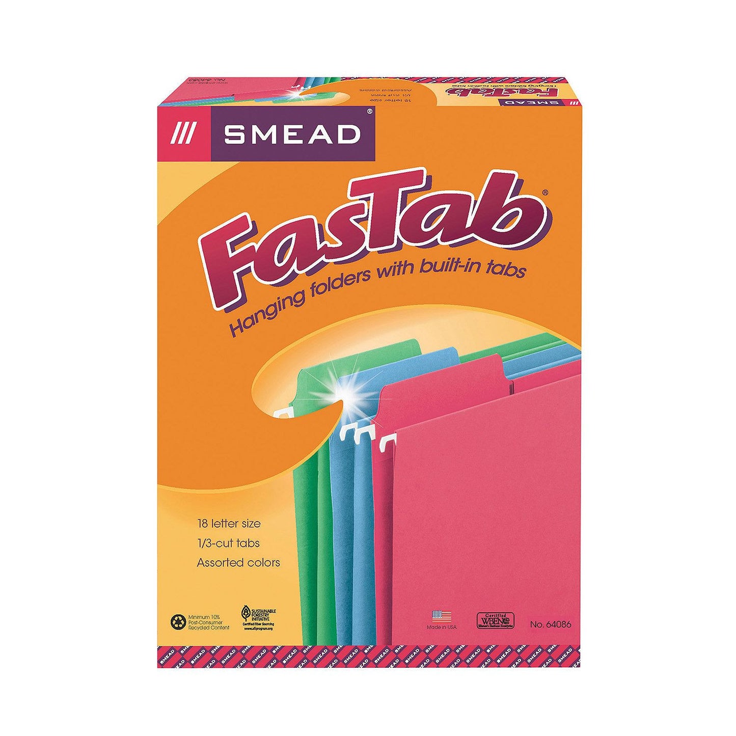 Smead 1/3 Cut Assorted Position FasTab® Hanging File Folder, Letter, Assorted Colors, 30ct.