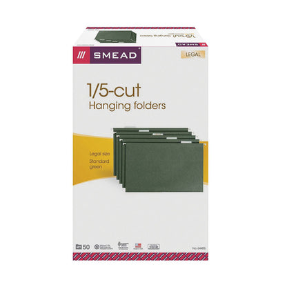 Smead 1/5 Cut Adjustable Positions Hanging File Folders, Legal, Standard Green, 50ct.